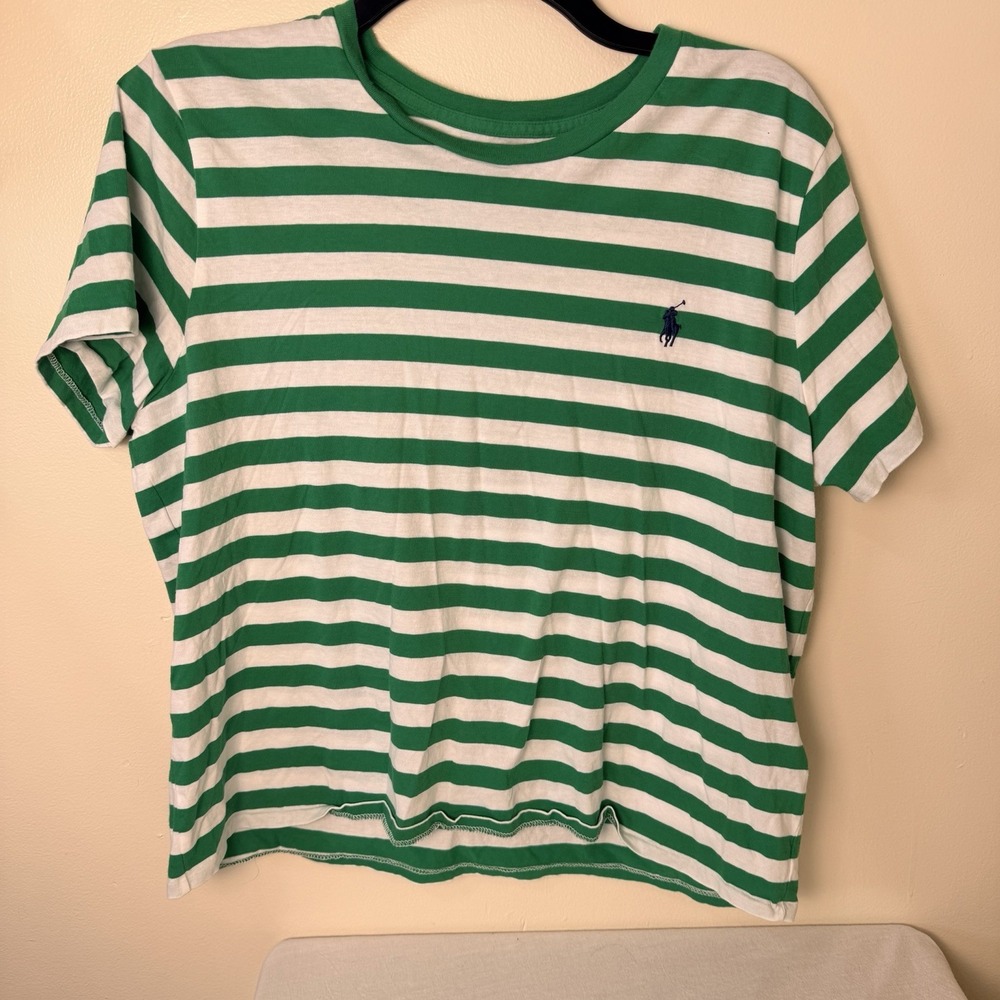 Polo Ralph Lauren Shirt Green Striped Crew Neck Classic Fit Slight Crop XL